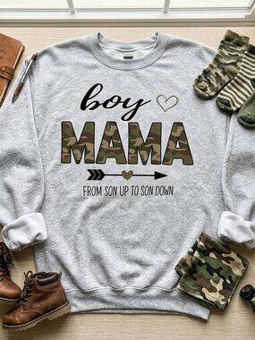 Boy Mama Camo Graphic Sweatshirt - Grey Crewneck - From Son Up To Son Down